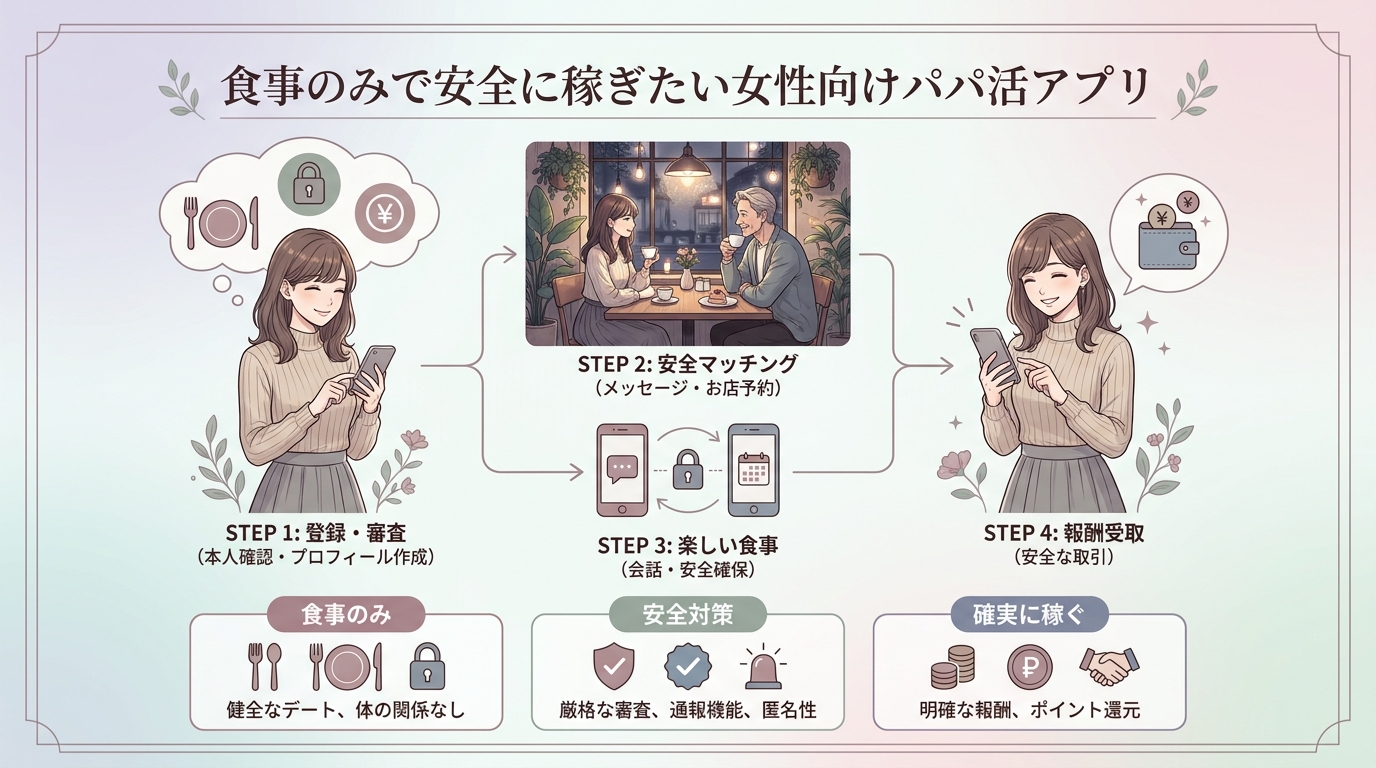 食事のみで安全に稼ぎたい女性向けパパ活アプリ