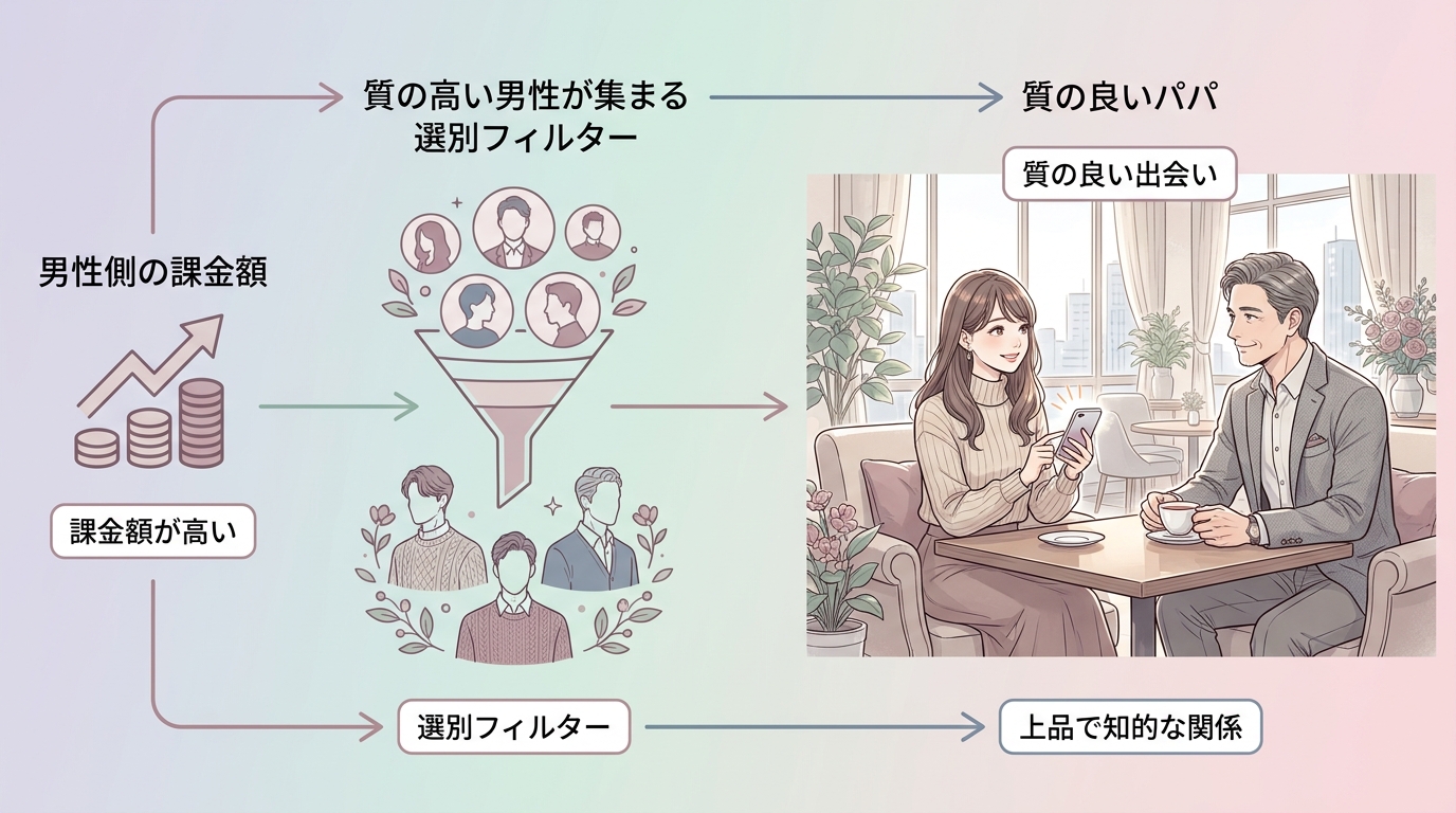 料金体系で選ぶ:男性側の課金額が高いほど質の良いパパが集まる